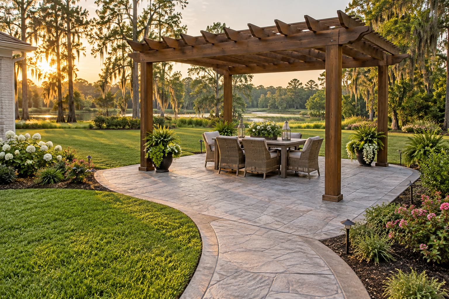 Freestanding stamped concrete patio and pergola